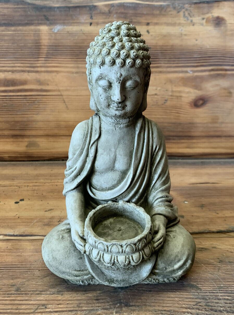 STONE GARDEN TEA LIGHT T-LIGHT BUDDHA STATUE HAND CAST ORNAMENT