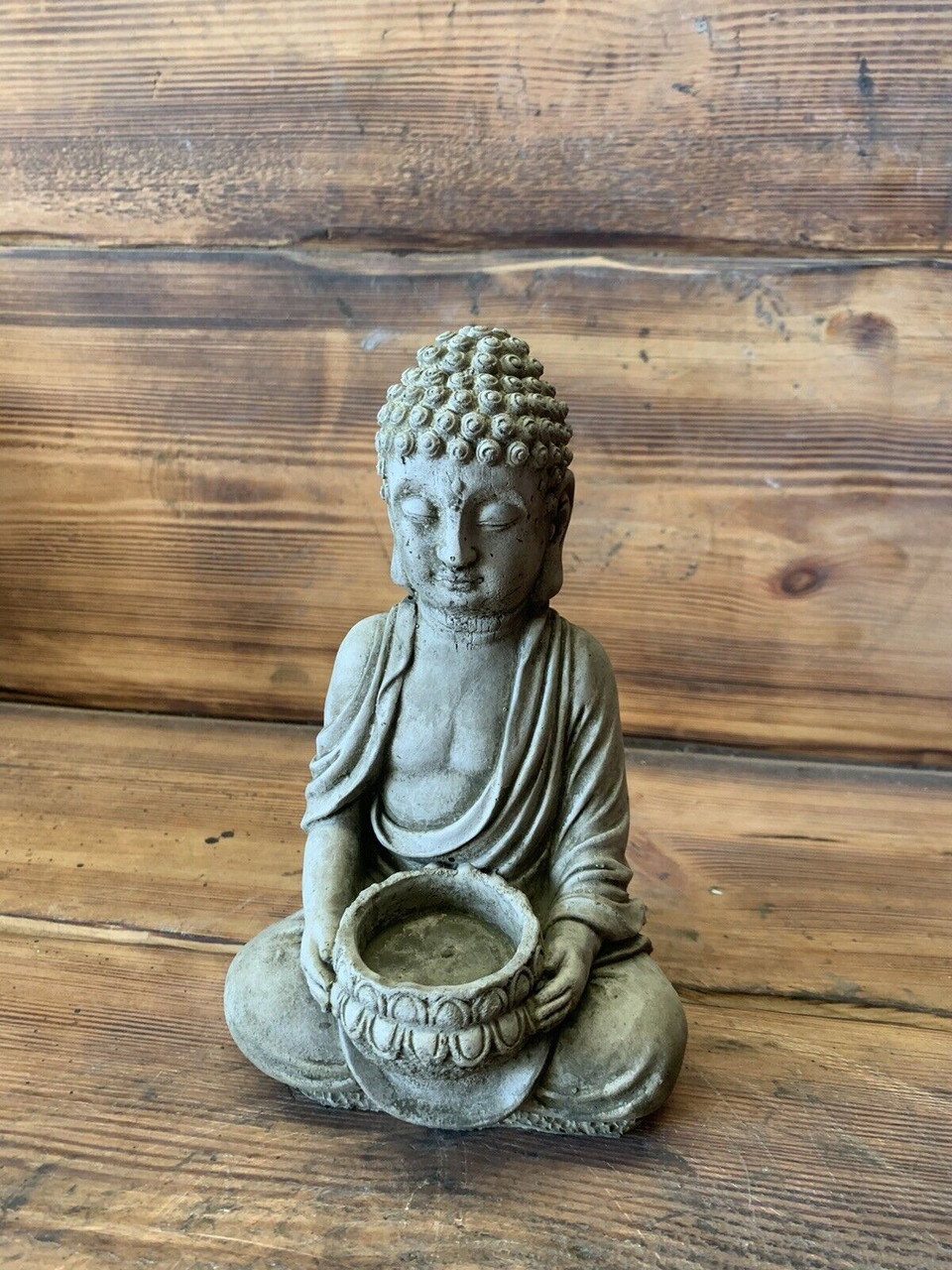 STONE GARDEN TEA LIGHT T-LIGHT BUDDHA STATUE HAND CAST ORNAMENT