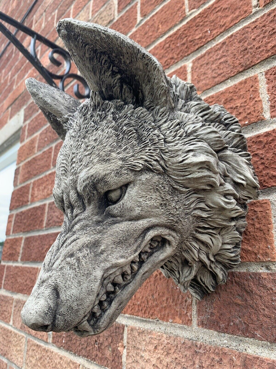 STONE GARDEN LARGE NATURAL DETAILED WOLF HEAD WALL HANGING PLAQUE ORNAMENT