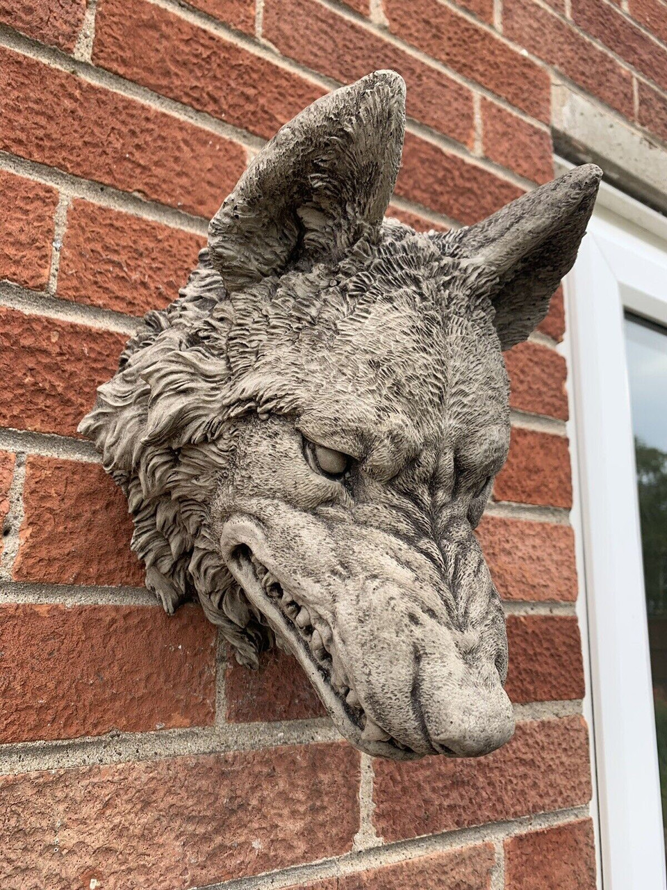 STONE GARDEN LARGE NATURAL DETAILED WOLF HEAD WALL HANGING PLAQUE ORNAMENT