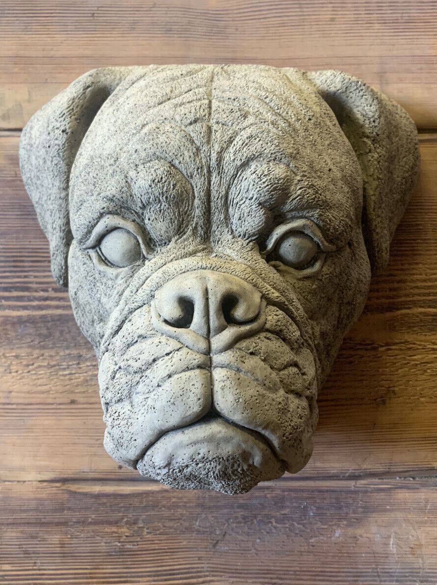 STONE GARDEN BOXER DOG HEAD PLAQUE HANGING WALL ORNAMENT GIFT STATUE 