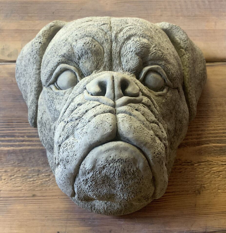 STONE GARDEN BOXER DOG HEAD PLAQUE HANGING WALL ORNAMENT GIFT STATUE 