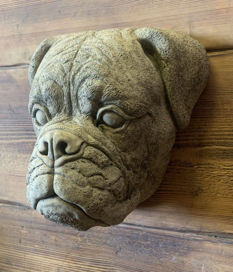 STONE GARDEN BOXER DOG HEAD PLAQUE HANGING WALL ORNAMENT GIFT STATUE 