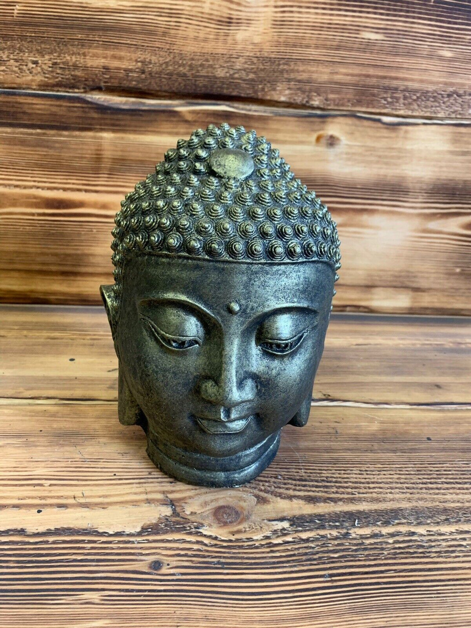 STONE GARDEN BRONZED BUDDHA HEAD STATUE DETAILED ORNAMENT GIFT