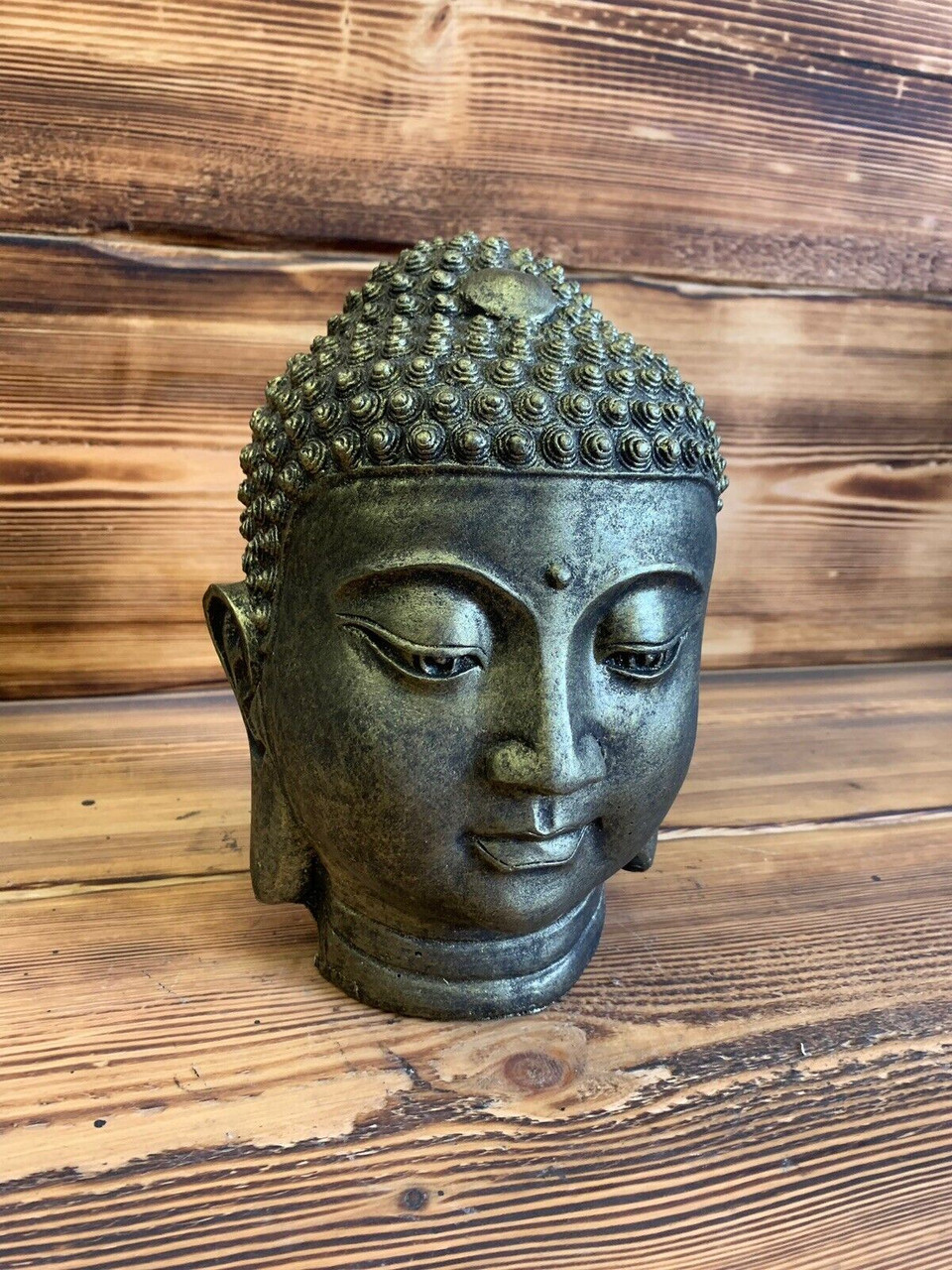 STONE GARDEN BRONZED BUDDHA HEAD STATUE DETAILED ORNAMENT GIFT