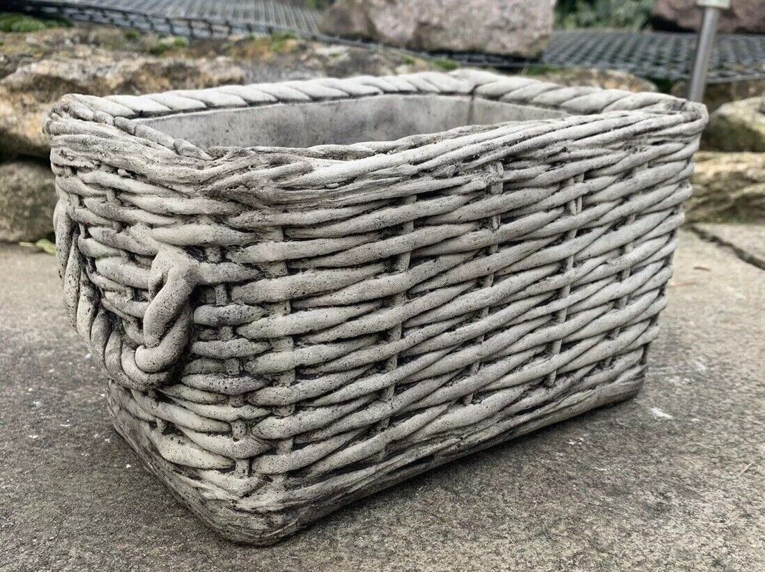 STONE GARDEN WICKER BASKET PLANTER PLANT POT ORNAMENT 