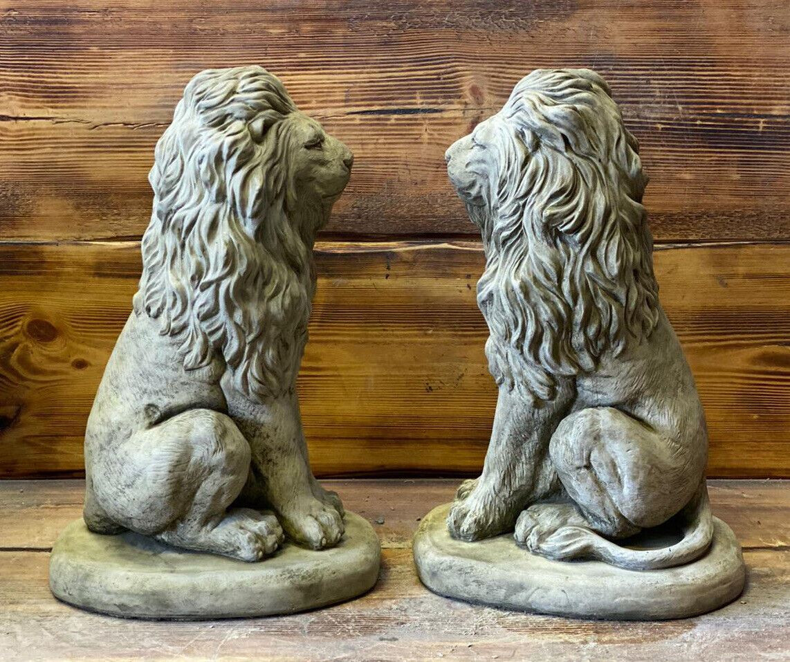 STONE GARDEN PAIR OF PROUD LION ON BASE STATUE PILLAR CAP DETAILED GIFT ORNAMENT