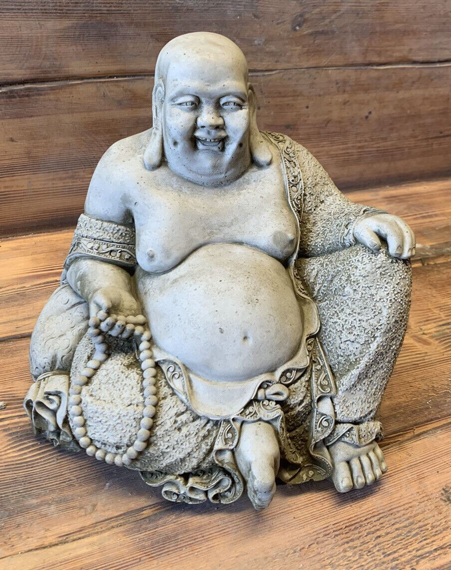 STONE GARDEN LAUGHING BUDDHA SITTING DOWN STATUE ORNAMENT