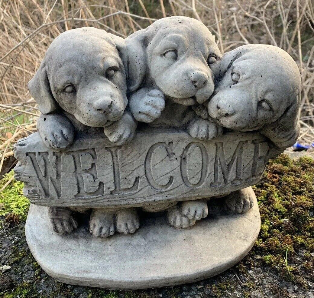 STONE GARDEN LABRADOR 3 CUTE PUPPY DOG WELCOME SIGN ORNAMENT