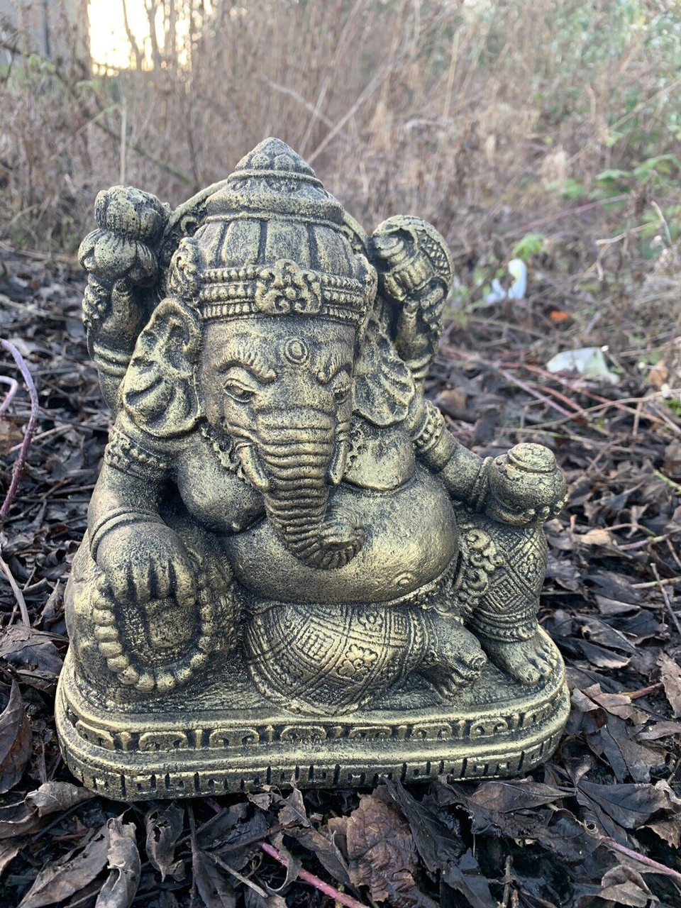 STONE GARDEN LAYING RECLINING GOLD GANESH ELEPHANT GOD BUDDHA STATUE ORNAMENT