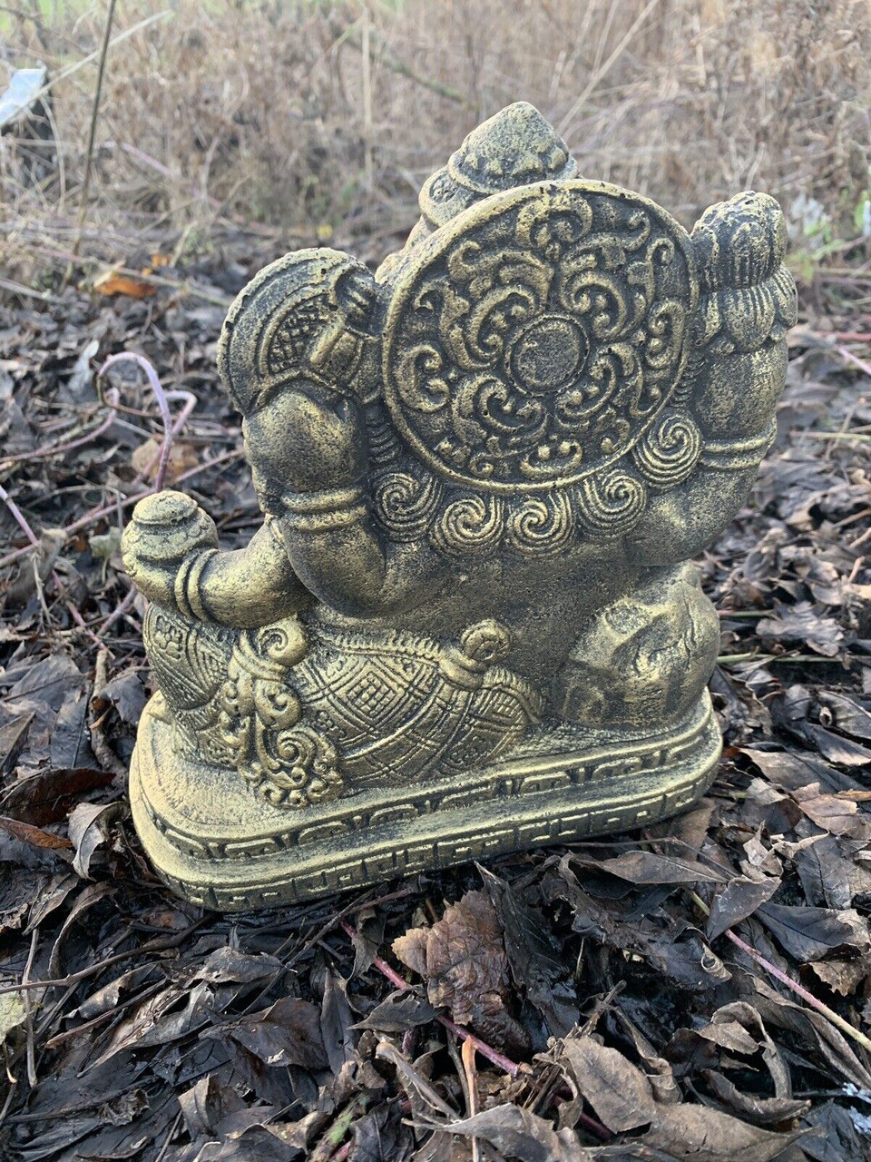 STONE GARDEN LAYING RECLINING GOLD GANESH ELEPHANT GOD BUDDHA STATUE ORNAMENT