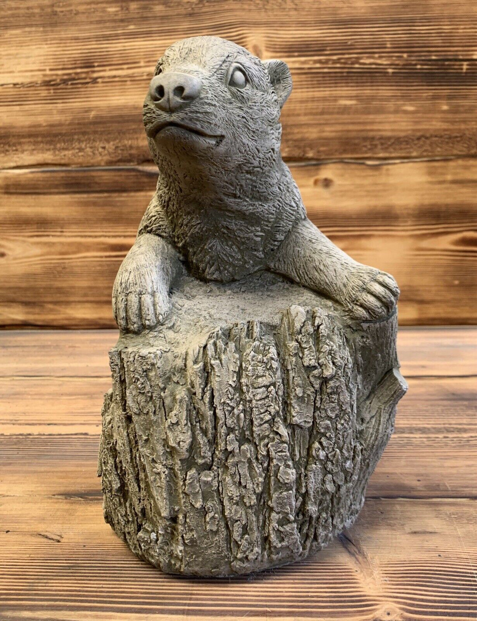 STONE GARDEN BADGER ON STUMP LOG ORNAMENT STATUE 