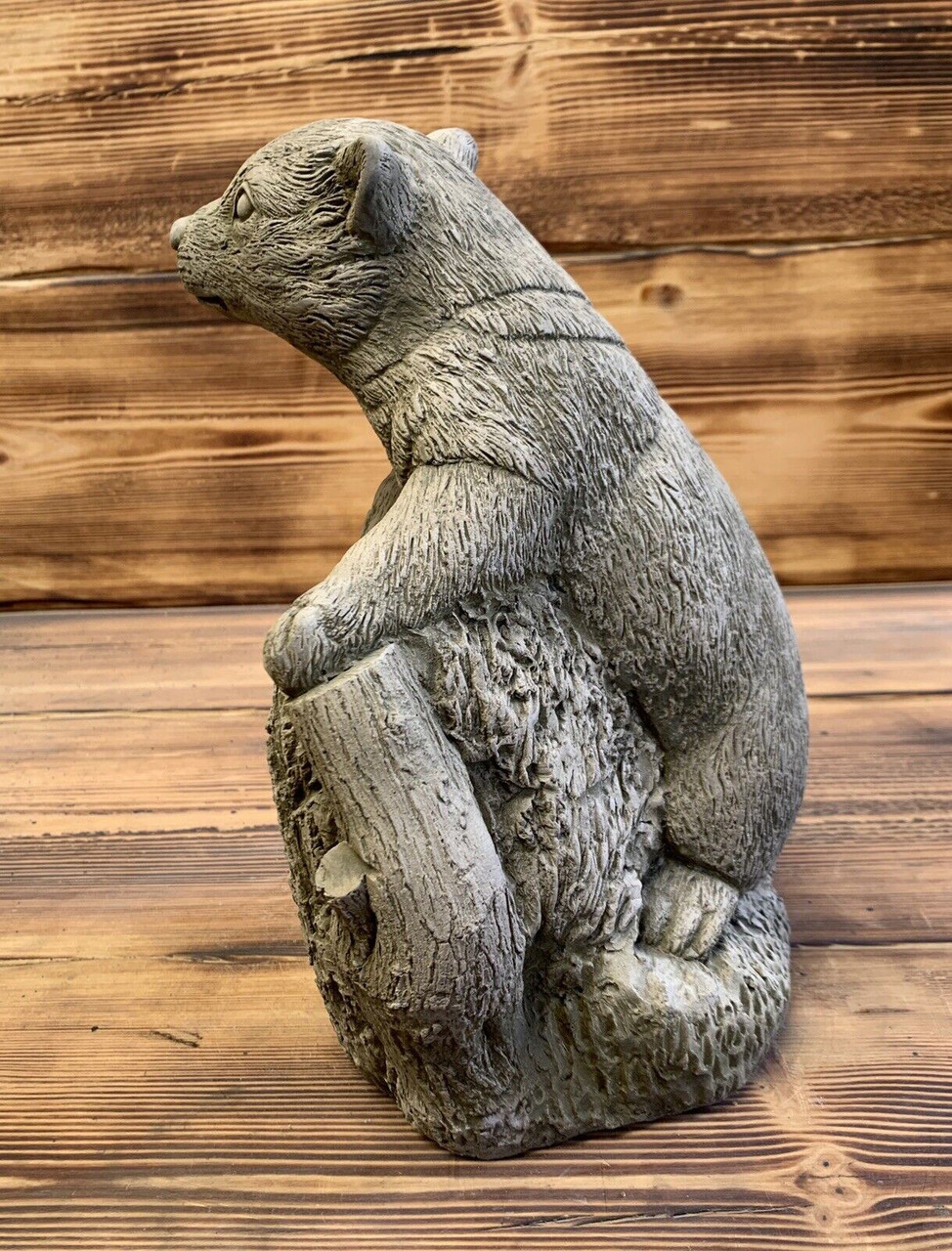 STONE GARDEN BADGER ON STUMP LOG ORNAMENT STATUE 