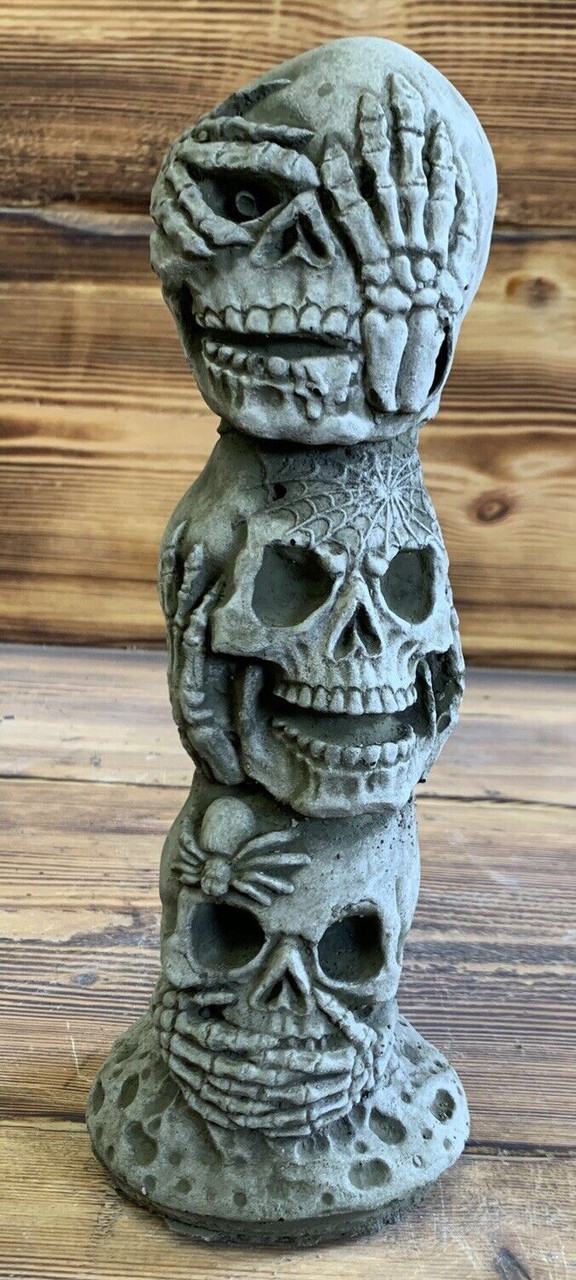 STONE GARDEN LARGE SEE HEAR SPEAK SKULL TOWER GOTHIC HUMAN HEAD ORNAMENT STATUE