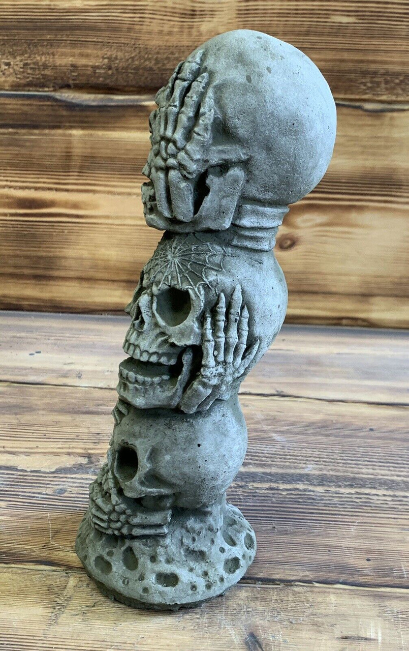 STONE GARDEN LARGE SEE HEAR SPEAK SKULL TOWER GOTHIC HUMAN HEAD ORNAMENT STATUE