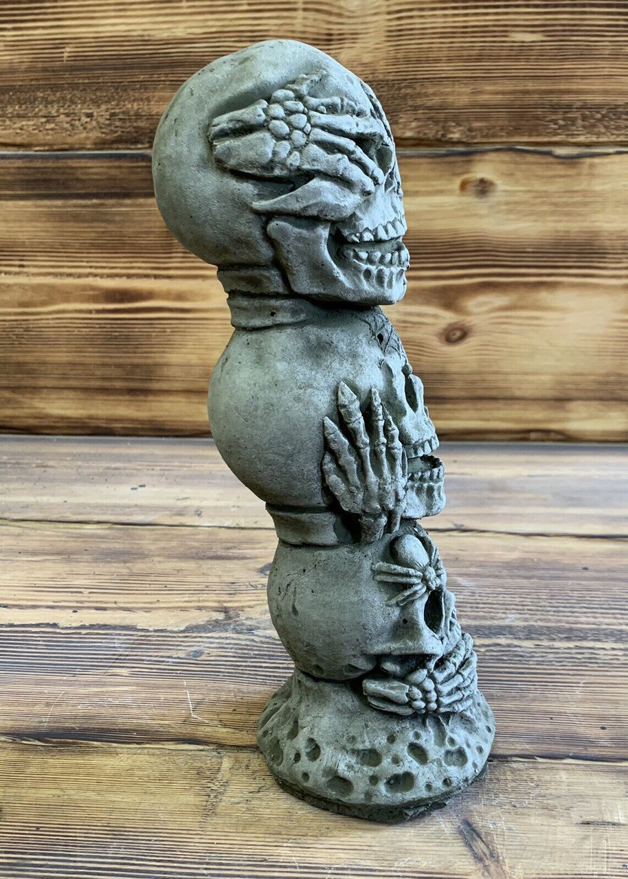 STONE GARDEN LARGE SEE HEAR SPEAK SKULL TOWER GOTHIC HUMAN HEAD ORNAMENT STATUE