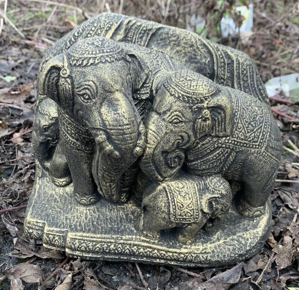 STONE GARDEN GOLD THAI ELEPHANT FAMILY GANESH INDIAN CUTE ORNAMENT