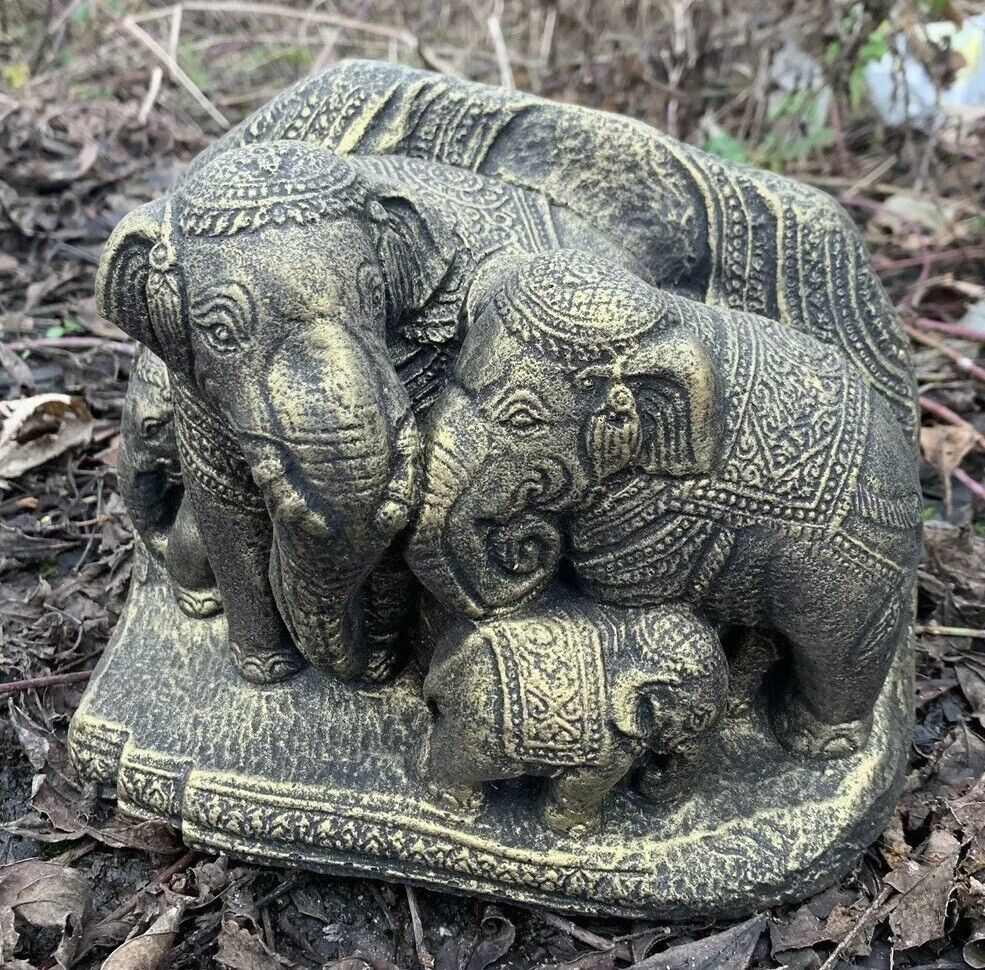 STONE GARDEN GOLD THAI ELEPHANT FAMILY GANESH INDIAN CUTE ORNAMENT