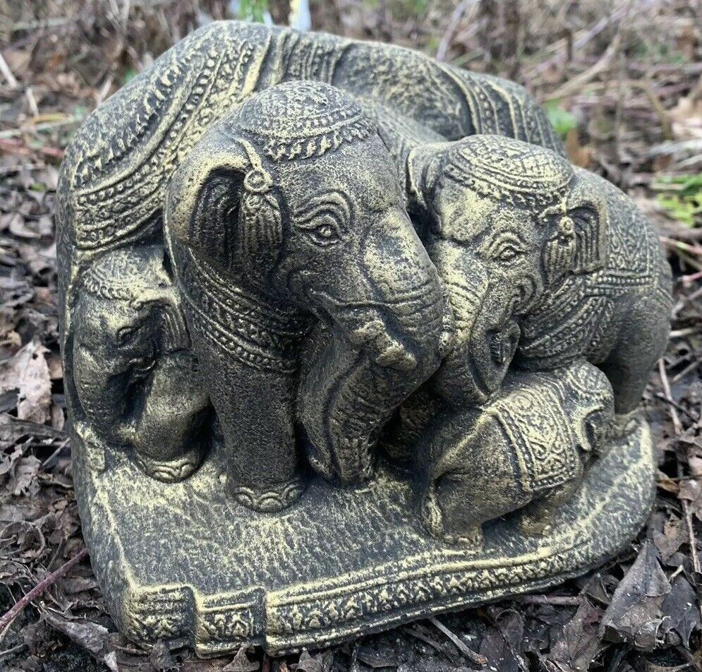 STONE GARDEN GOLD THAI ELEPHANT FAMILY GANESH INDIAN CUTE ORNAMENT