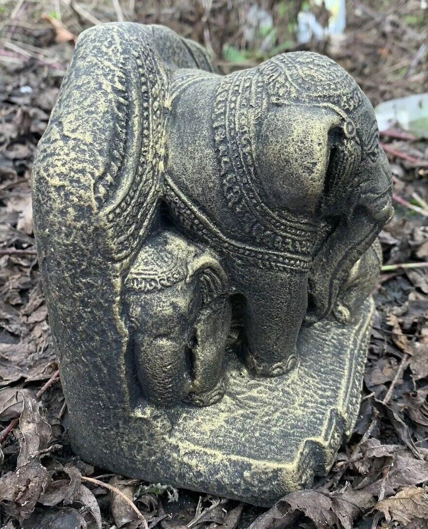 STONE GARDEN GOLD THAI ELEPHANT FAMILY GANESH INDIAN CUTE ORNAMENT