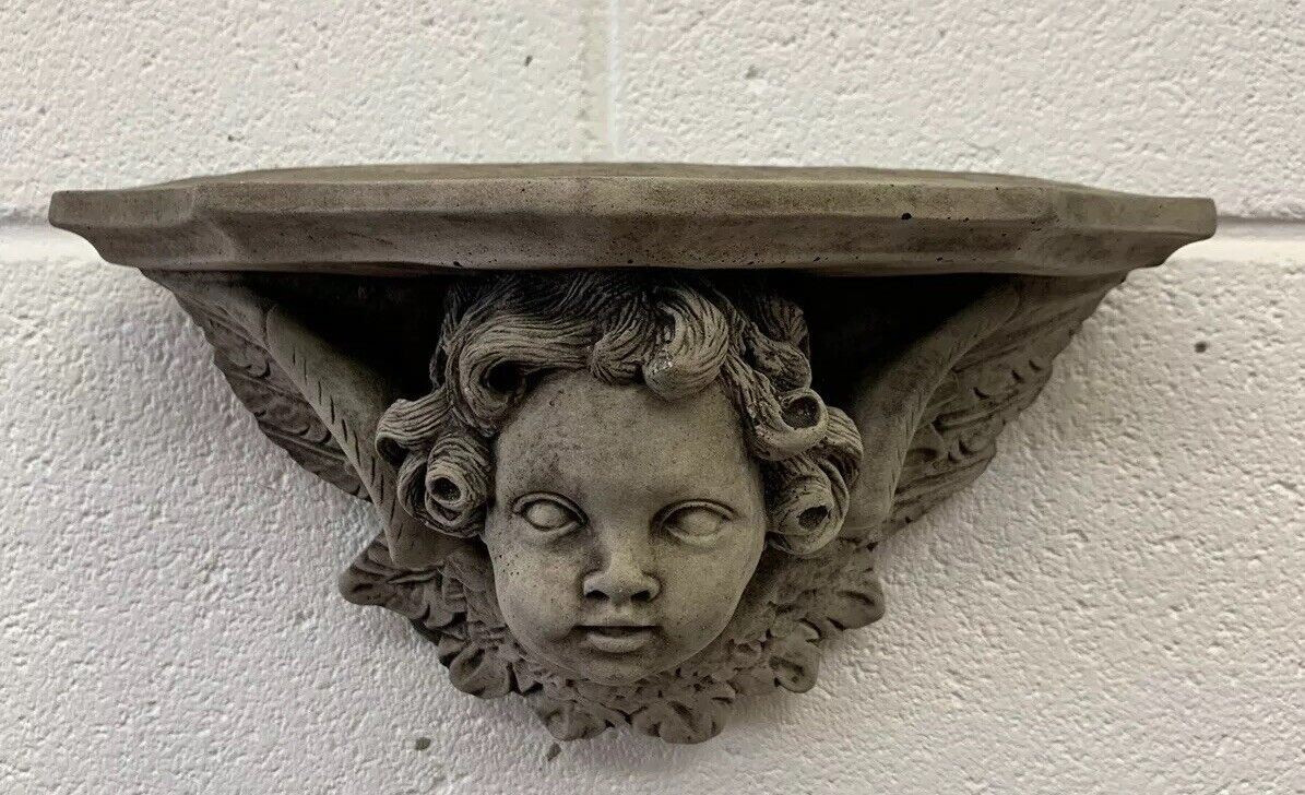 STONE GARDEN CHERUB WITH WINGS WALL PLAQUE HANGING SCONE SHELF ORNAMENT