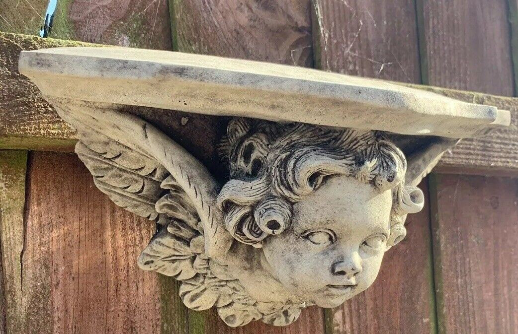 STONE GARDEN CHERUB WITH WINGS WALL PLAQUE HANGING SCONE SHELF ORNAMENT