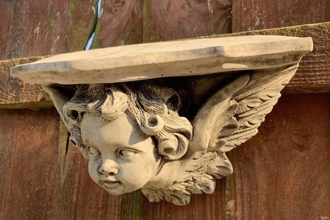 STONE GARDEN CHERUB WITH WINGS WALL PLAQUE HANGING SCONE SHELF ORNAMENT