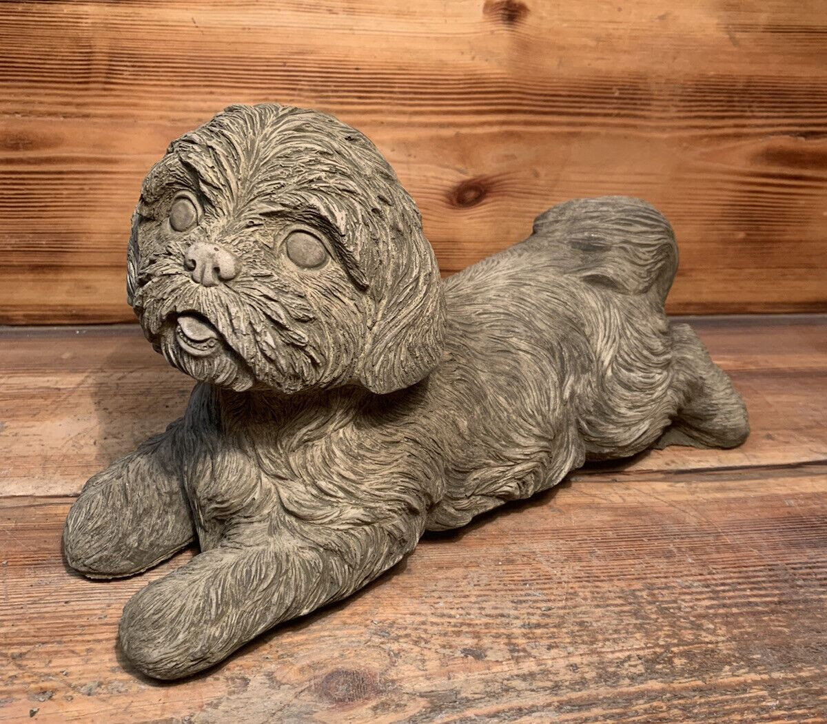 STONE GARDEN DETAILED HAPPY LAYING SHIH TZU DOG GIFT STATUE ORNAMENT