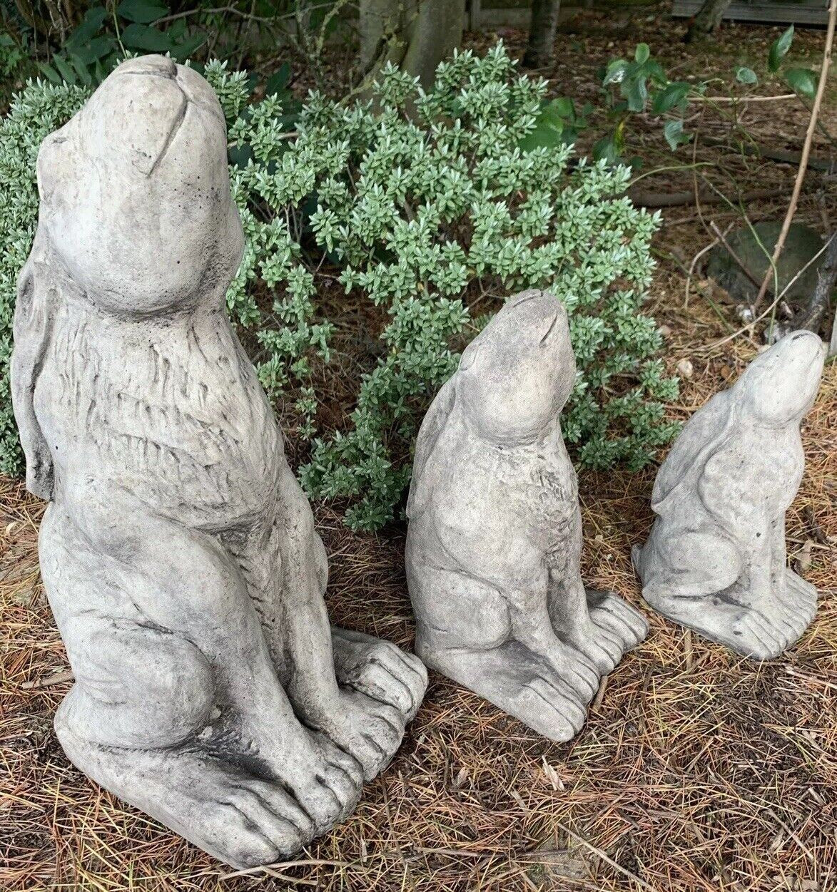 STONE GARDEN FAMILY FULL SET OF RUSTIC MOON GAZING HARE ORNAMENTS