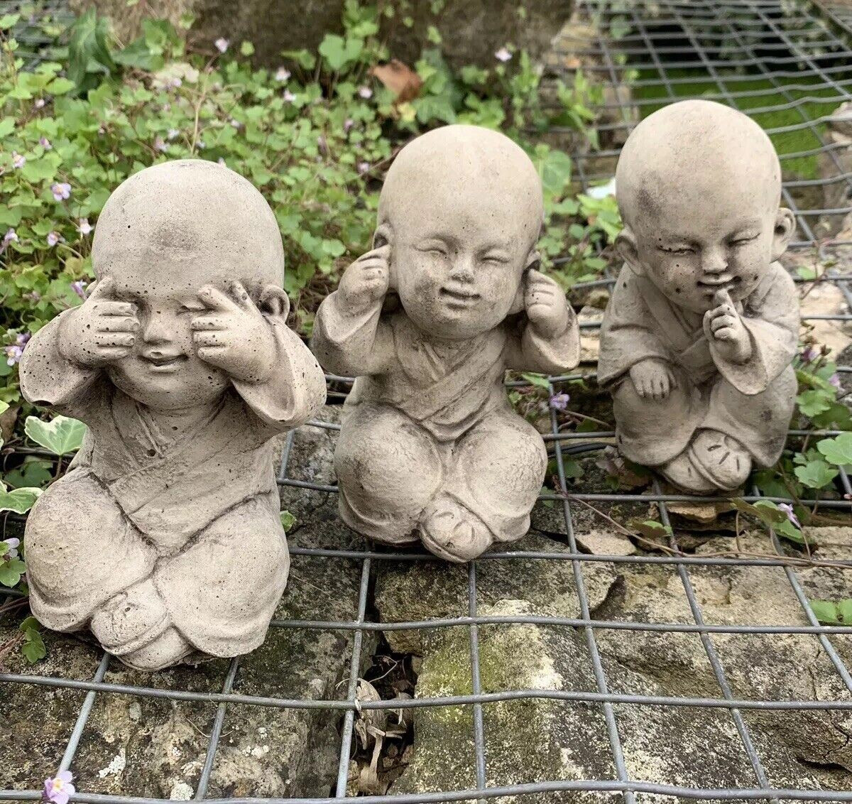 STONE GARDEN SET OF 3 WISE BUDDHA MONKS SEE HEAR SPEAK NO EVIL 