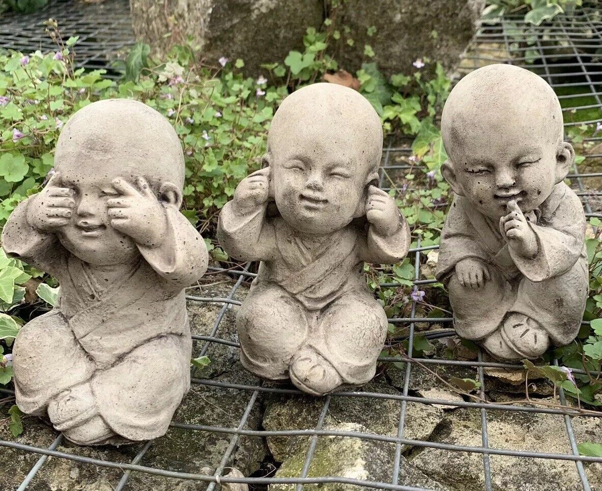 STONE GARDEN SET OF 3 WISE BUDDHA MONKS SEE HEAR SPEAK NO EVIL 