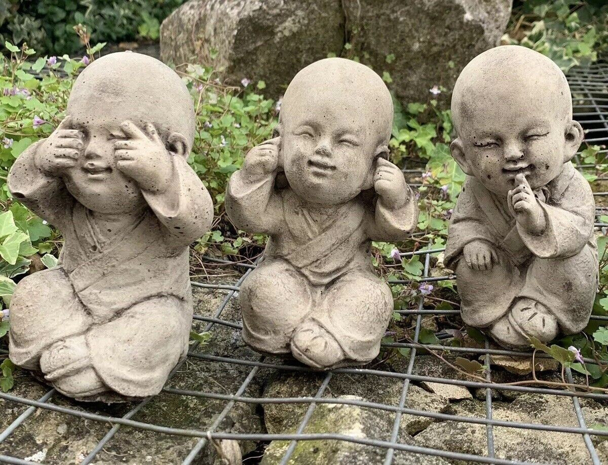 STONE GARDEN SET OF 3 WISE BUDDHA MONKS SEE HEAR SPEAK NO EVIL 