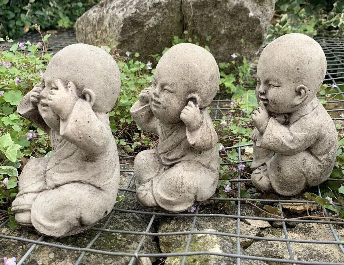 STONE GARDEN SET OF 3 WISE BUDDHA MONKS SEE HEAR SPEAK NO EVIL 