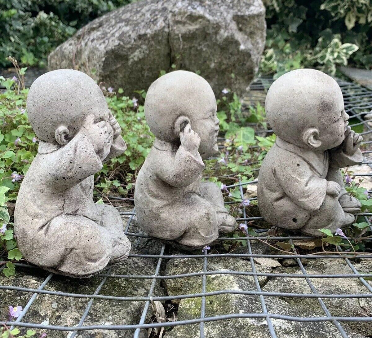 STONE GARDEN SET OF 3 WISE BUDDHA MONKS SEE HEAR SPEAK NO EVIL 