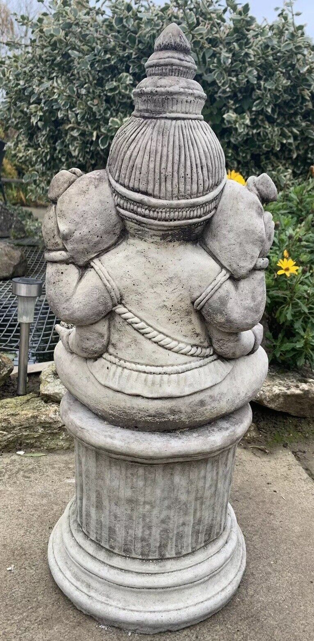 STONE GARDEN LARGE MEDITATING GANESH STATUE ON PLINTH PEDESTAL ELEPHANT ORNAMENT