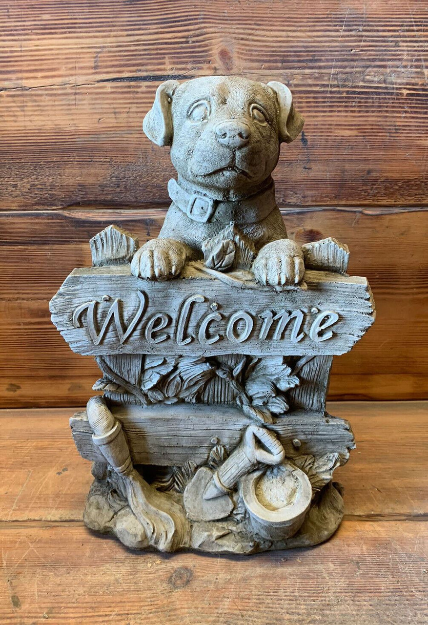 STONE GARDEN LABRADOR GOLDEN RETRIEVER PUPPY DOG WELCOME SIGN ORNAMENT