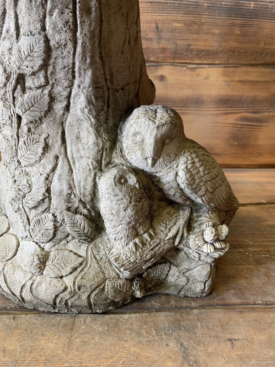 STONE GARDEN OWL FAMILY DETAILED BIRD BATH STATUE ORNAMENT