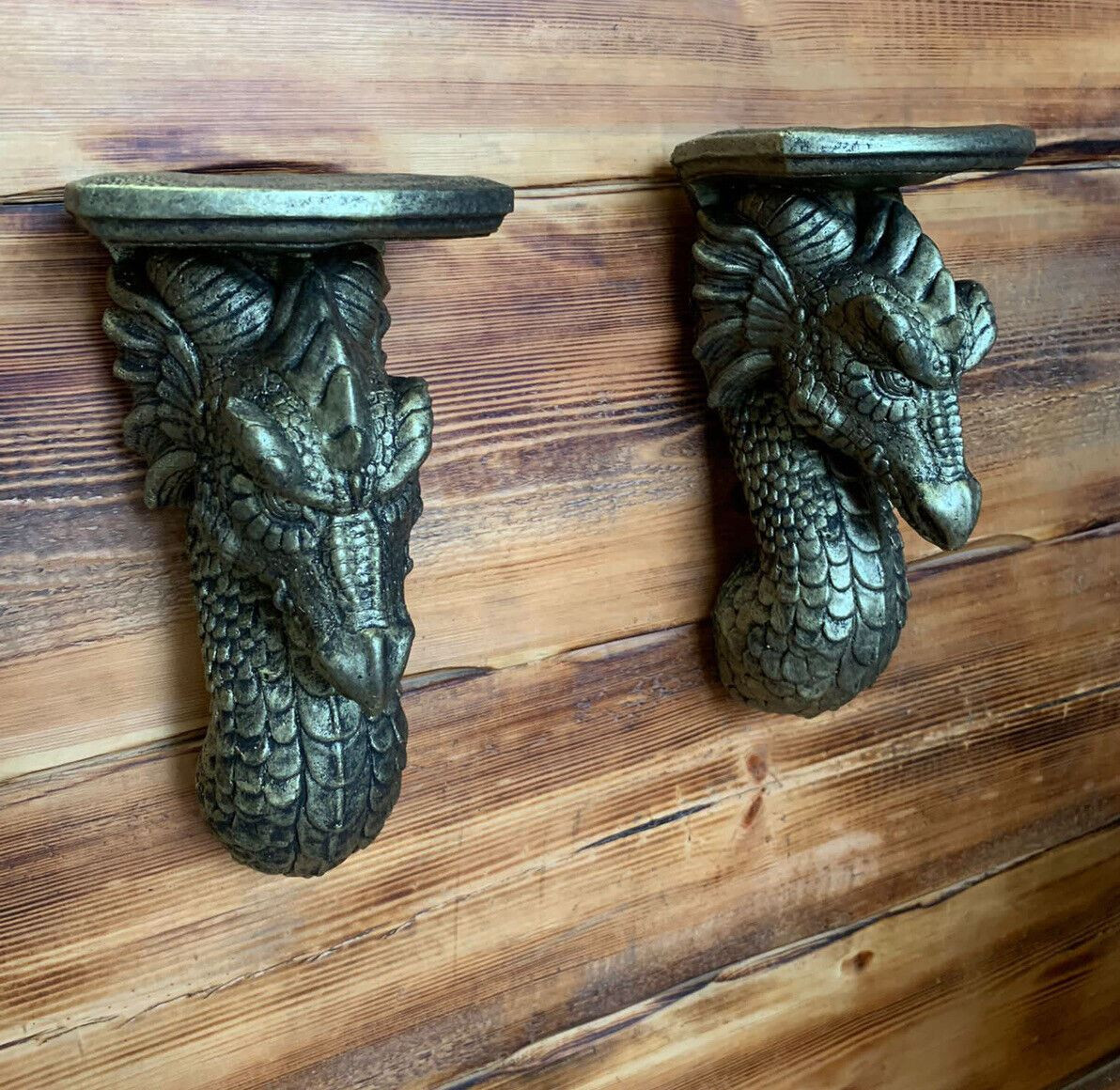 STONE GARDEN GOLD DETAILED DRAGON SCONCE CANDLE SHELF WALL HANGING X 2 ORNAMENT