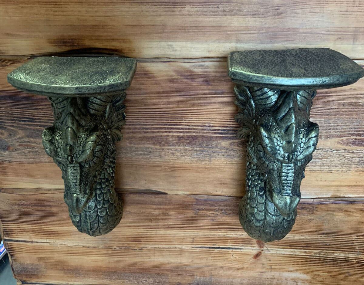 STONE GARDEN GOLD DETAILED DRAGON SCONCE CANDLE SHELF WALL HANGING X 2 ORNAMENT