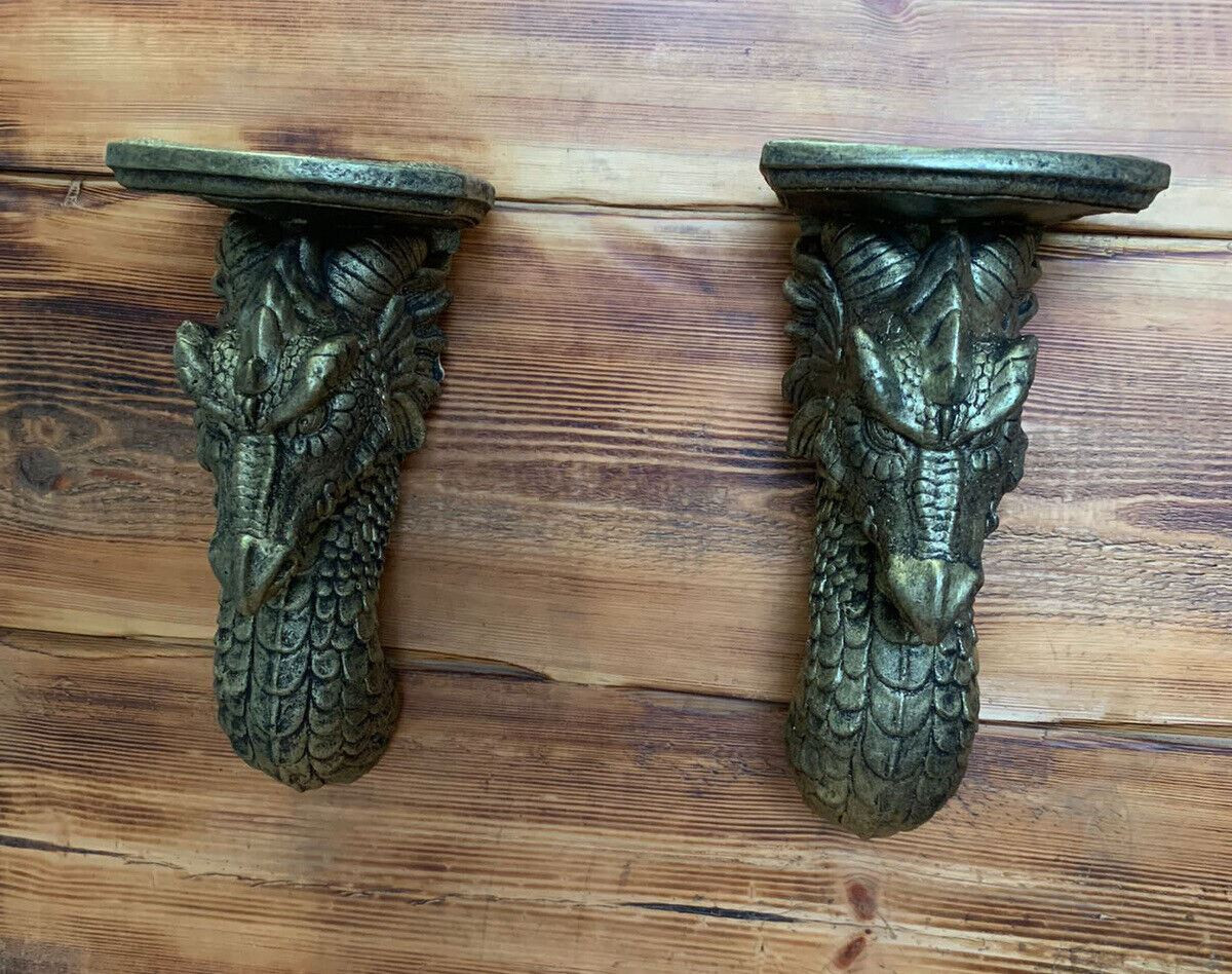 STONE GARDEN GOLD DETAILED DRAGON SCONCE CANDLE SHELF WALL HANGING X 2 ORNAMENT