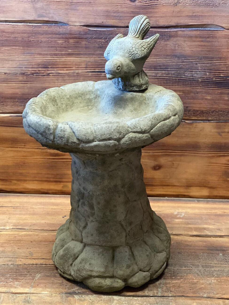 STONE GARDEN BRICK/STONE EFFECT LEAF DETAILED BIRD BATH + BIRD STATUE ORNAMENT