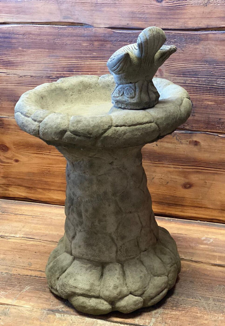STONE GARDEN BRICK/STONE EFFECT LEAF DETAILED BIRD BATH + BIRD STATUE ORNAMENT