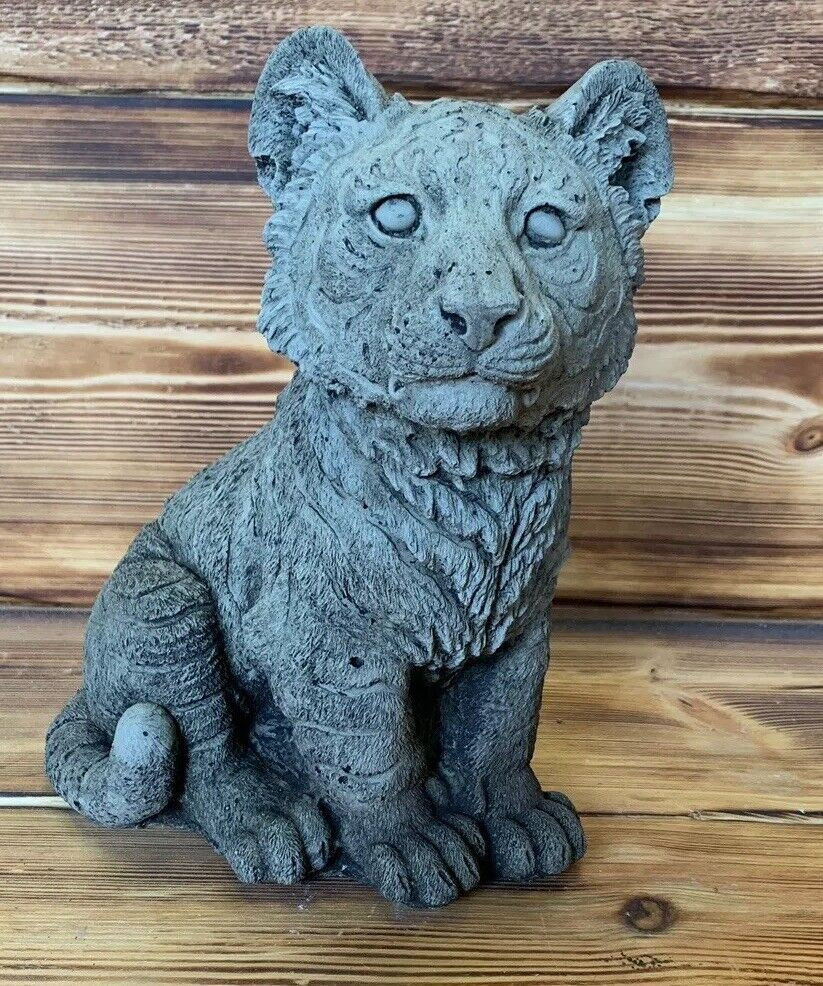 STONE GARDEN DETAILED CUTE SITTING TIGER CUB STATUE ORNAMENT  GIFT CAT