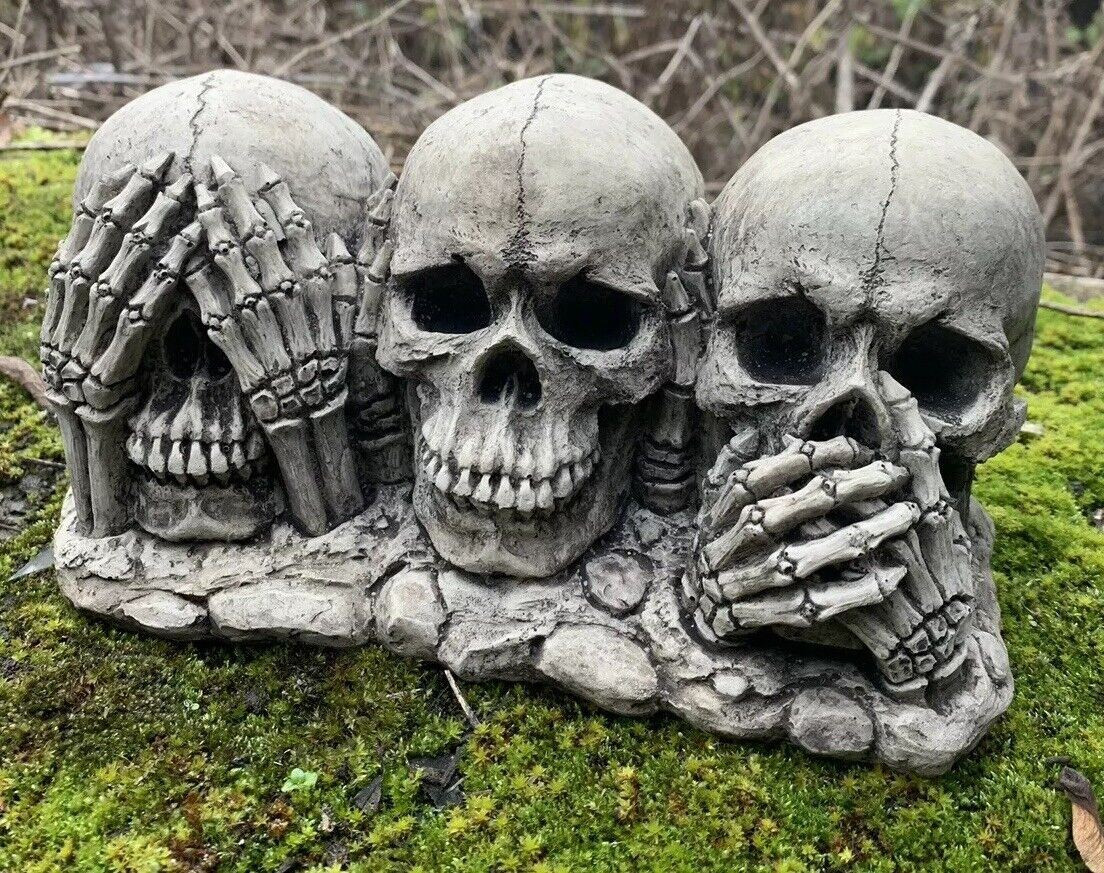 STONE GARDEN SEE HEAR SPEAK NO EVIL GOTHIC DETAILED  SKULL ORNAMENT