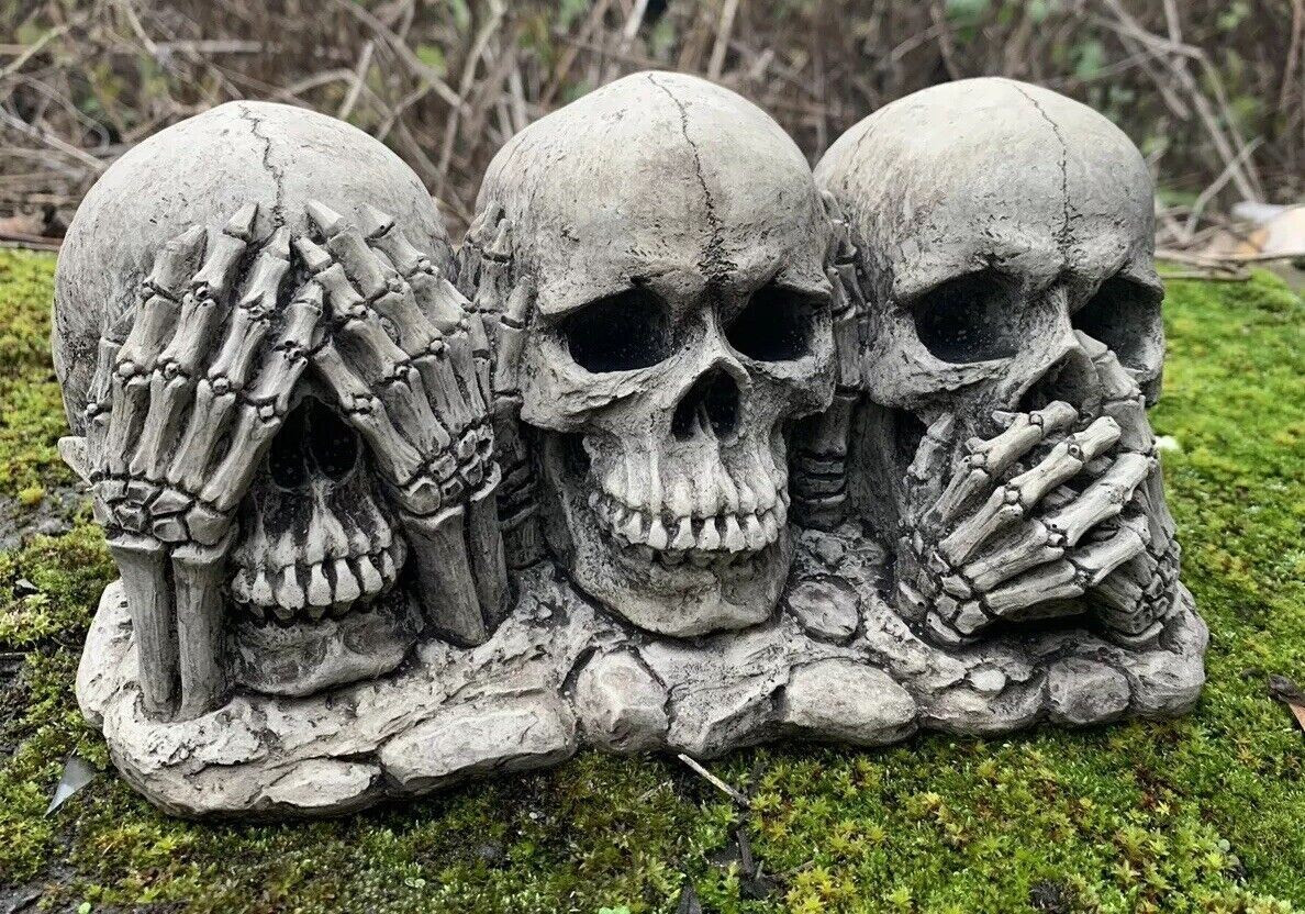 STONE GARDEN SEE HEAR SPEAK NO EVIL GOTHIC DETAILED  SKULL ORNAMENT