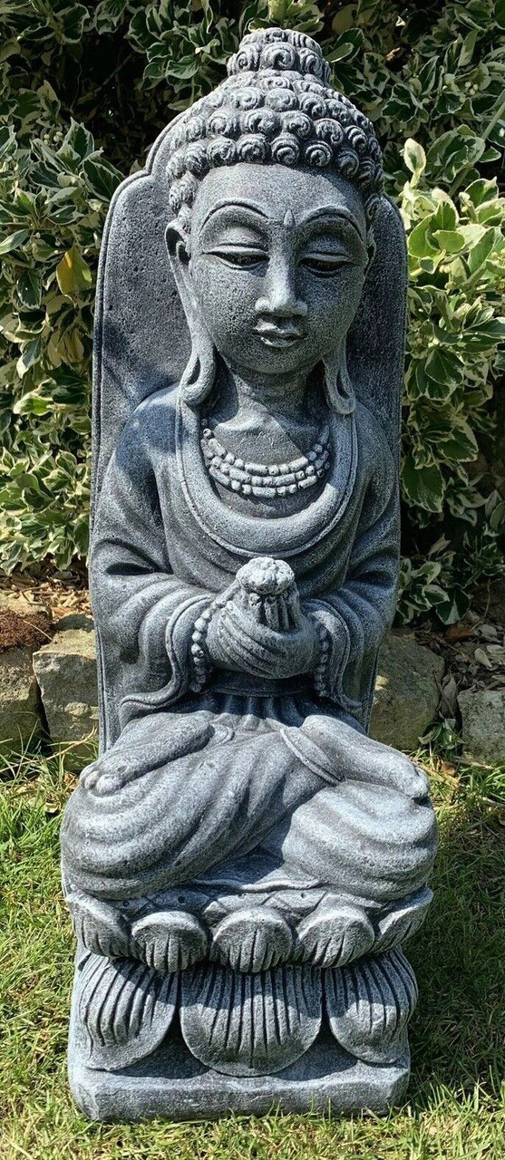 STONE GARDEN LARGE LOTUS PRAYING BUDDHA FLOWER GIFT  STATUE ORNAMENT