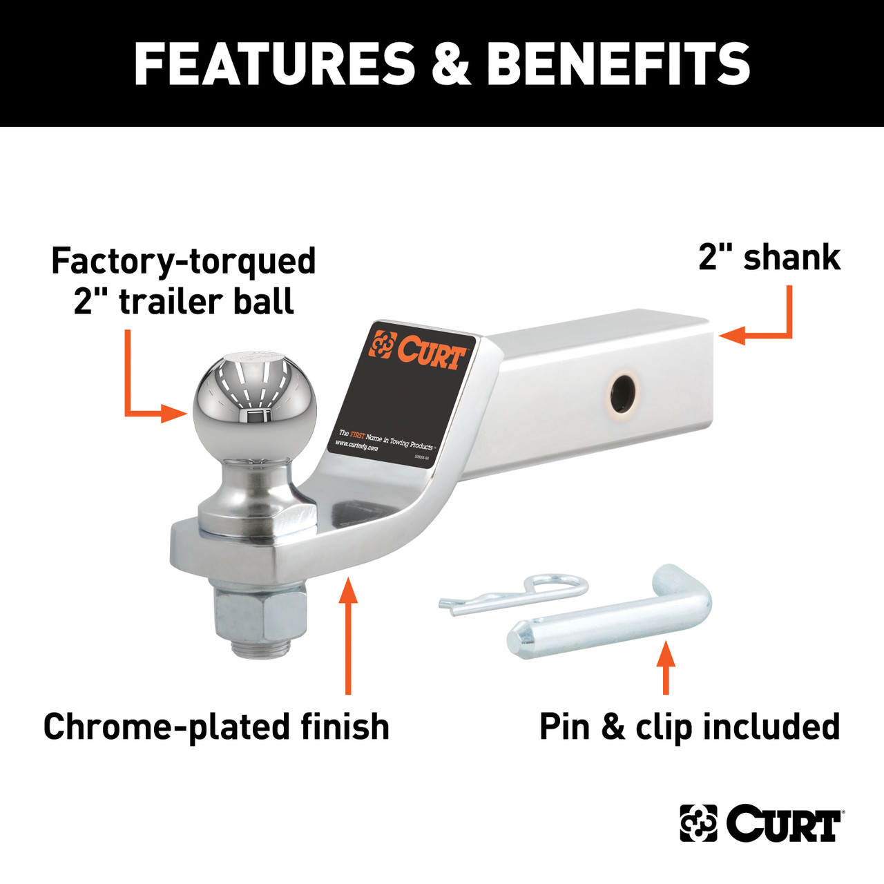 CURT 45295 Chrome Trailer Hitch Mount with 2-Inch Ball & Pin, Fits 2-In Receiver, 7,500 lbss, 2" Drop