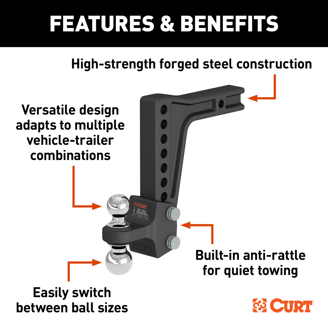 CURT 45936 Deep-Drop Adjustable Trailer Hitch Ball Mount with Dual Ball, 2" Shank, Up to 15,000 lbss
