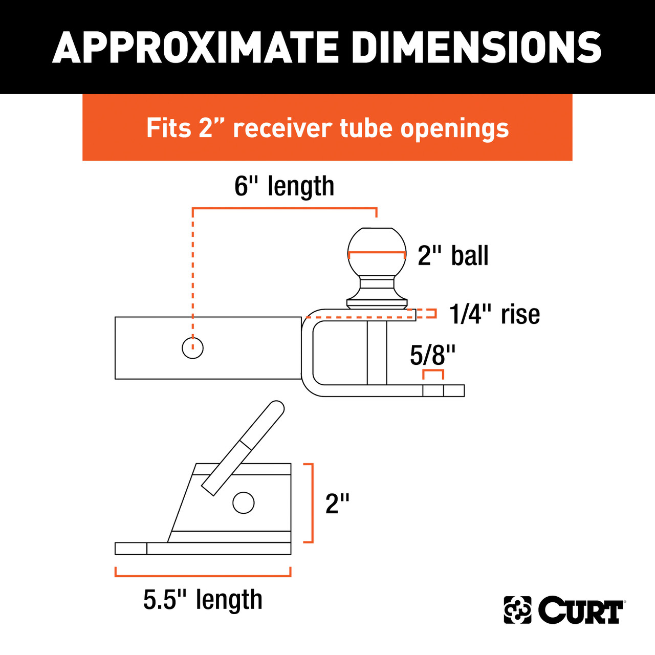 CURT 45038 3-in-1 UTV, ATV Trailer Hitch Mount with 2-Inch Receiver Adapter, 2-Inch Ball, Clevis Pin, 5/8-Inch Hole