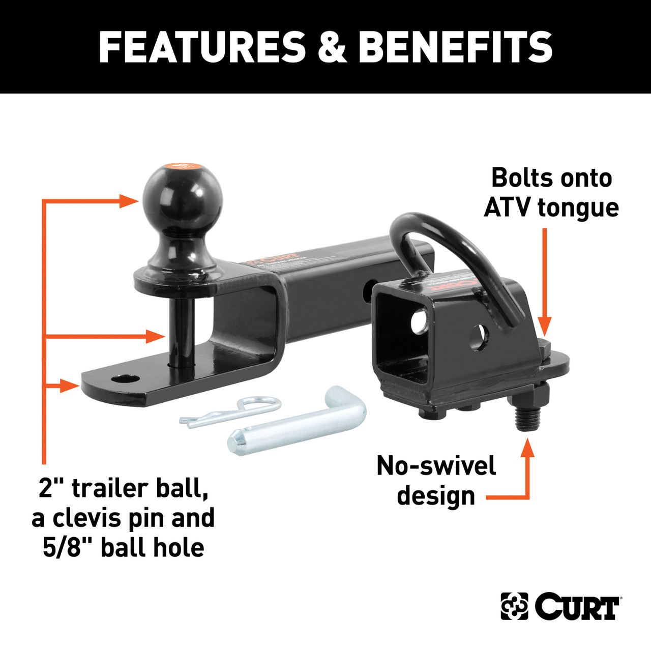 CURT 45038 3-in-1 UTV, ATV Trailer Hitch Mount with 2-Inch Receiver Adapter, 2-Inch Ball, Clevis Pin, 5/8-Inch Hole